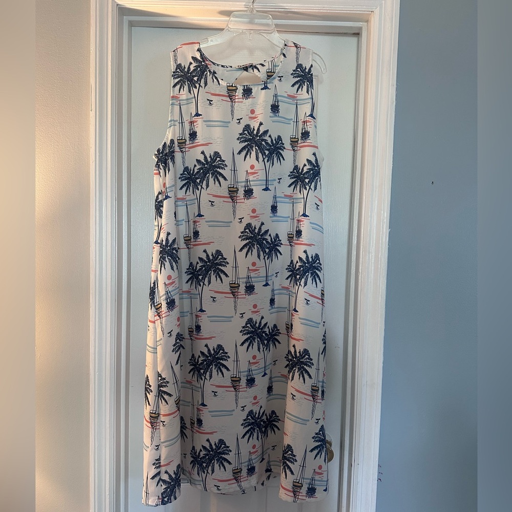 Palm Tree Print Sleeveless Midi Dress - White with Navy & Coral